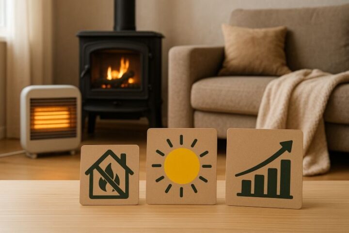 Voordelen van alternatieve verwarming in huis, zoals wonen zonder gasaansluiting, duurzame warmte via warmtepomp of elektrische kachel en lagere energiekosten