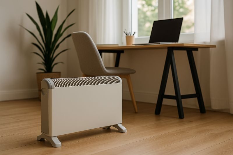 Vrijstaande elektrische convector gebruikt voor gerichte verwarming in een thuiskantoor
