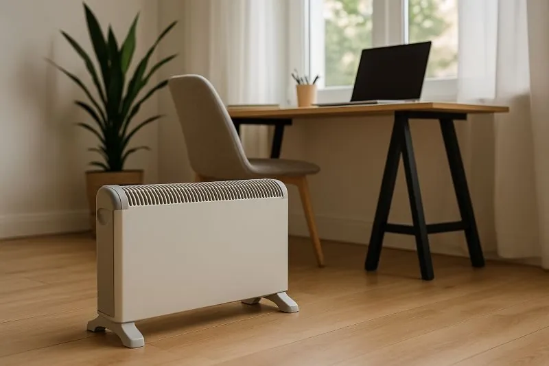 Vrijstaande elektrische convector gebruikt voor gerichte verwarming in een thuiskantoor