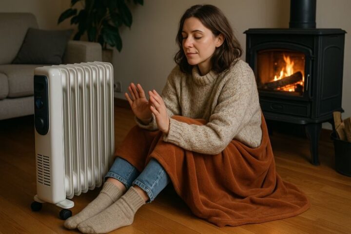 Vrouw verwarmt zich met alternatieve verwarming via elektrische radiator en houtkachel in een gezellige woonkamer.