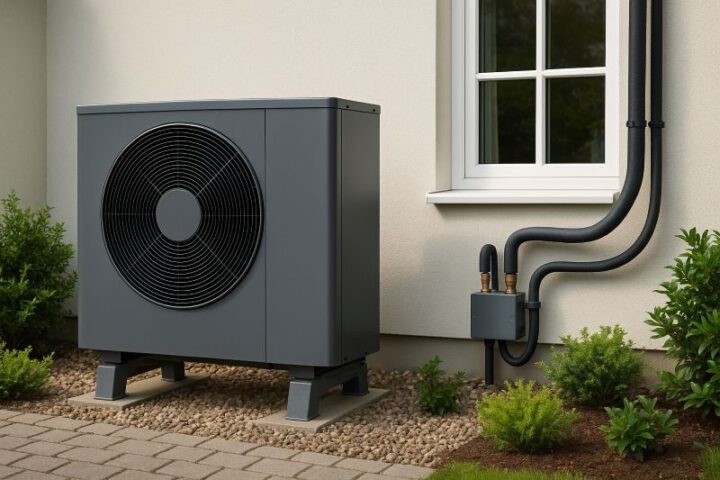 Warmtepomp verwarming bij een moderne woning met buitenunit en leidingen, energiezuinige oplossing voor duurzaam verwarmen zonder gas. Warmtepomp verwarming bij een moderne woning met buitenunit en leidingen, energiezuinige oplossing voor duurzaam verwarmen zonder gas.