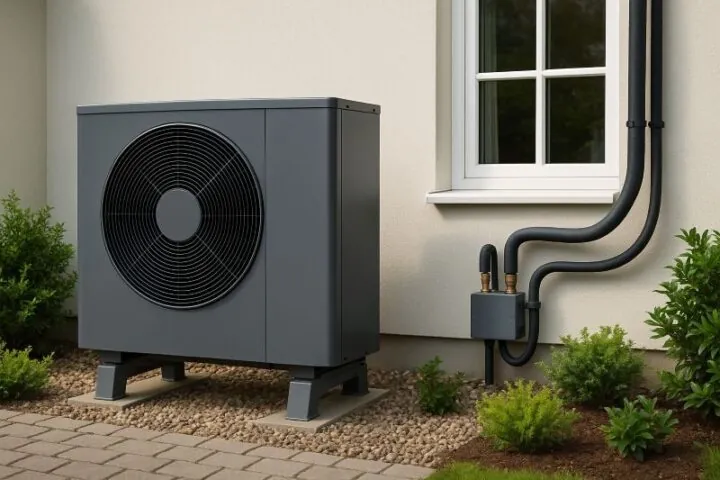 Warmtepomp verwarming bij een moderne woning met buitenunit en leidingen, energiezuinige oplossing voor duurzaam verwarmen zonder gas.