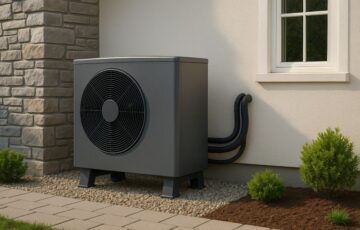 Warmtepomp verwarming buitenunit naast moderne woning, energiezuinige oplossing voor duurzaam en gasloos verwarmen.