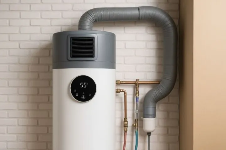 Warmtepompboiler geïnstalleerd in een moderne technische ruimte van een woning Warmtepompboiler geïnstalleerd in een moderne technische ruimte van een woning