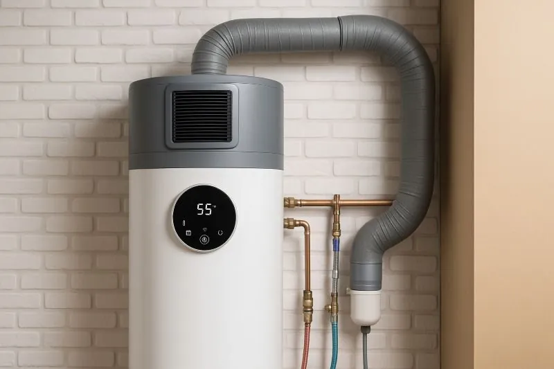 Warmtepompboiler geïnstalleerd in een moderne technische ruimte van een woning