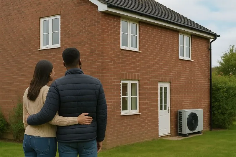 Welke warmtepomp toepassingen passen bij jouw woning – koppel kijkt naar hun huis met buitenunit voor duurzame verwarming