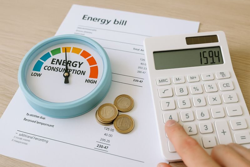 Werkplek met energiemeter, energierekening, euromunten en rekenmachine voor analyse van kosten en energieverbruik Werkplek met energiemeter, energierekening, euromunten en rekenmachine voor analyse van kosten en energieverbruik