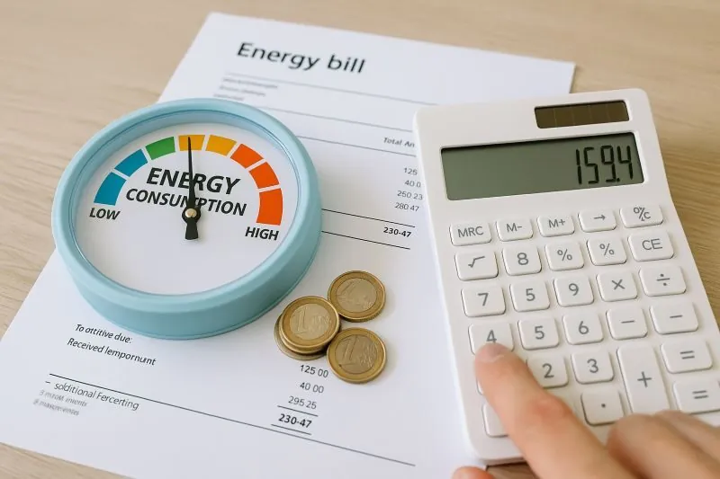 Werkplek met energiemeter, energierekening, euromunten en rekenmachine voor analyse van kosten en energieverbruik