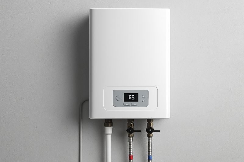 Witte elektrische cv-ketel aan de muur met digitale display en geïsoleerde leidingen voor gasloze verwarming Witte elektrische cv-ketel aan de muur met digitale display en geïsoleerde leidingen voor gasloze verwarming
