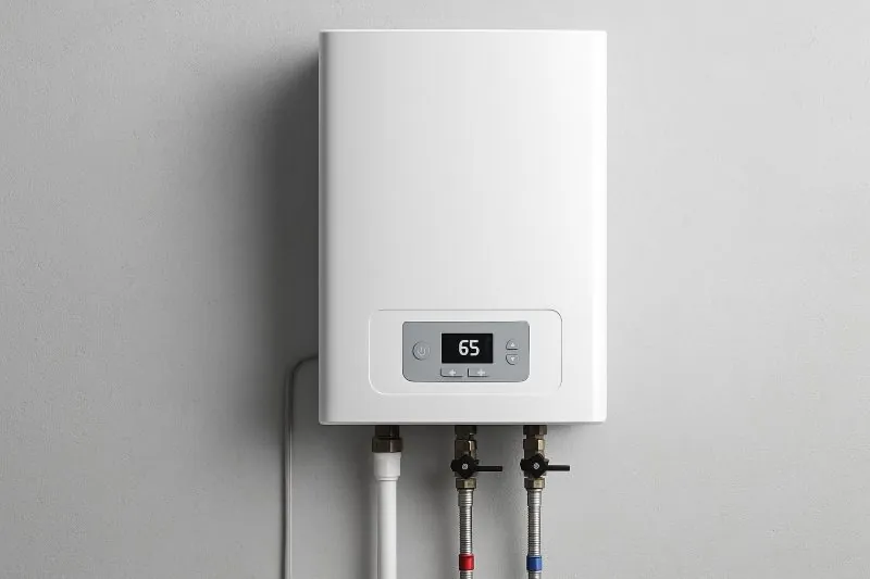 Witte elektrische cv-ketel aan de muur met digitale display en geïsoleerde leidingen voor gasloze verwarming