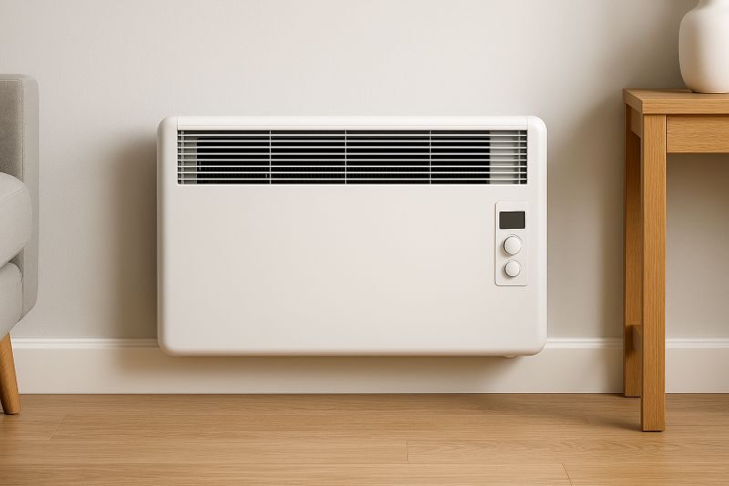 Witte ventilatorconvector geplaatst tegen een muur in een moderne woonkamer voor efficiënte verwarming en koeling