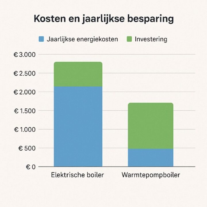 kosten en jaarlijkse besparing van een warmtepompboiler vergeleken met een elektrische boiler.